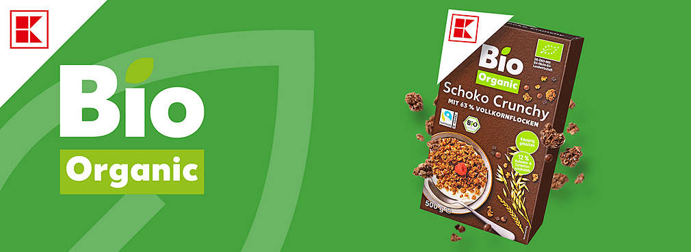 Logo: K-Bio Organic; weiße Ecke; Produktabbildung: K-Bio Organic Schoko Crunchy
