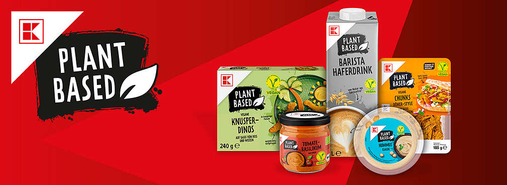 Logo: K-Plant Based; weiße Ecke; verschiedene Produktabbildungen