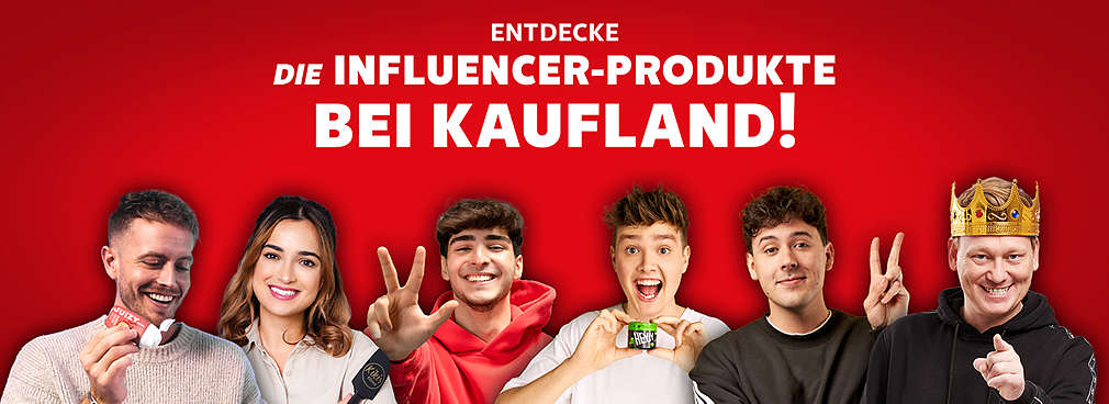 Julienco, Kiki von Kikis Kitchen, Emir Bayrak, HeyMoritz, CrispyRob und Knossi; Schriftzug: Entdecke die Influencer-Produkte bei Kaufland!