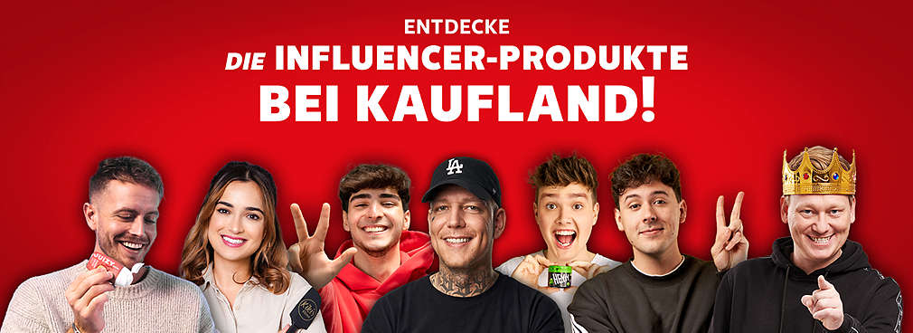 Julienco, Kiki von Kikis Kitchen, Emir Bayrak, HeyMoritz und CrispyRob; Schriftzug: Entdecke die Influencer-Produkte bei Kaufland!