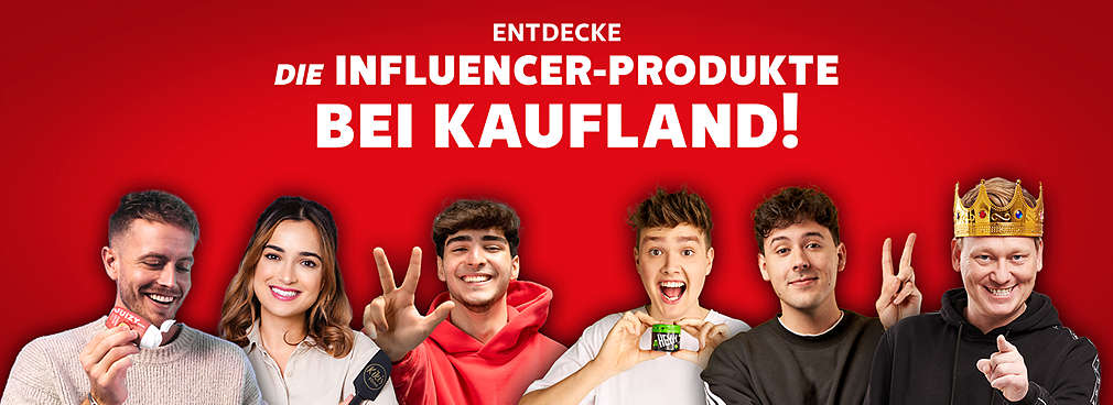 Kiki von Kikis Kitchen, Emir Bayrak, HeyMoritz und CrispyRob; Schriftzug: Entdecke die Influencer-Produkte bei Kaufland!