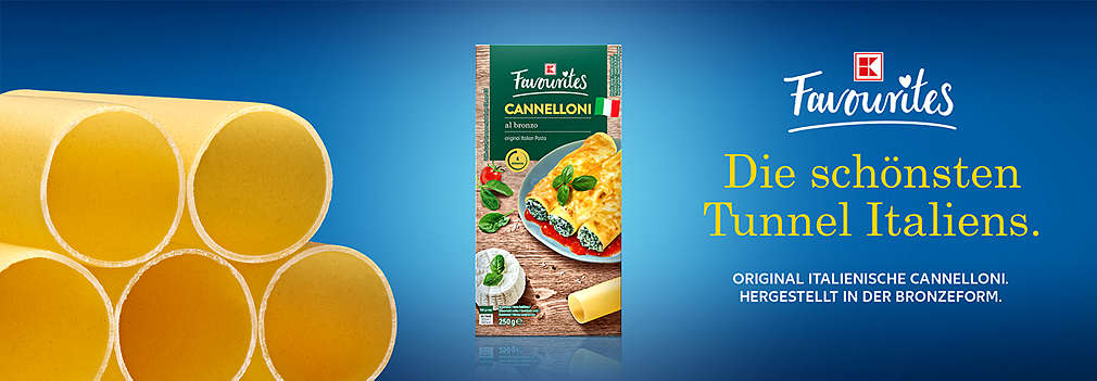 Produktabbildung: K-Favourites Cannelloni; Logo: K-Favourites; Schriftzug: Die schönsten Tunnel Italiens. Original italienische Cannelloni. Hergestellt in der Bronzeform.