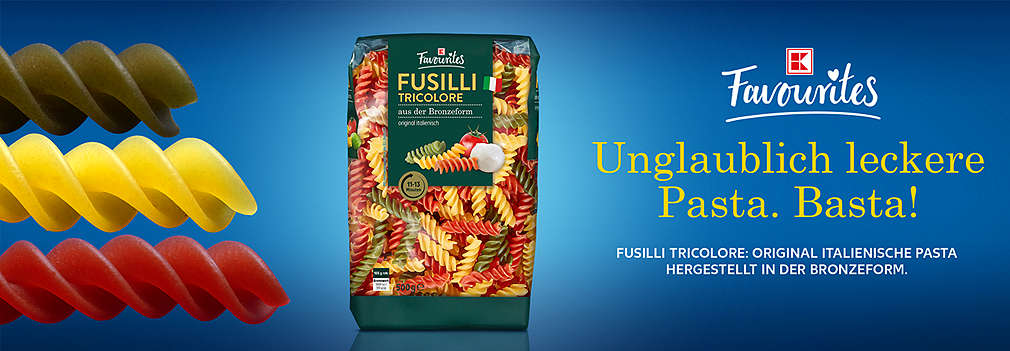 Produktabbildung: K-Favourites Fusilli Tricolore; Logo: K-Favourites; Schriftzug: Unglaublich leckere Pasta. Basta! Fusilli Tricolore: Original italienische Pasta hergestellt in der Bronzeform.
