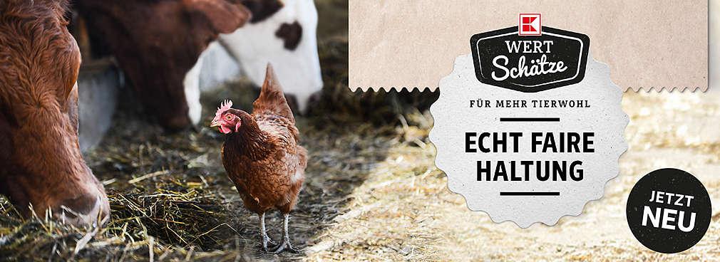 Huhn und Kuh im Stall; Logo: K-Wertschätze; Schriftzug: Echt faire Tierhaltung; Störer: Jetzt neu