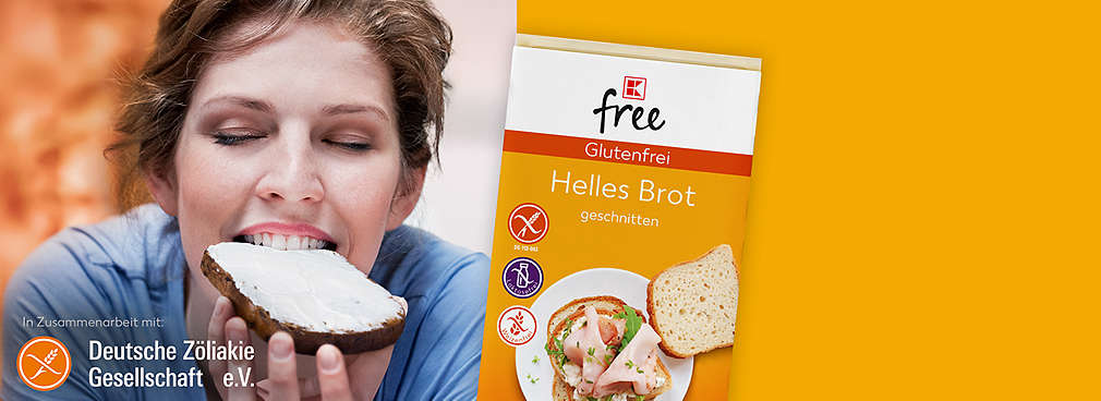Frau beißt in Brot; Produktabbildung K-FREE Helles Brot; Schriftzug: Starte glutenfrei in den Tag; Logo: Deutsche Zöliakie Gesellschaft e.V.