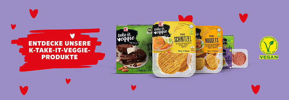 Versch. K-take-it-veggie-Produkte; Logo: vegan, Logo: klimaneutral*; Schriftzug: Entdecke unsere K-take-it-veggie-Produkte