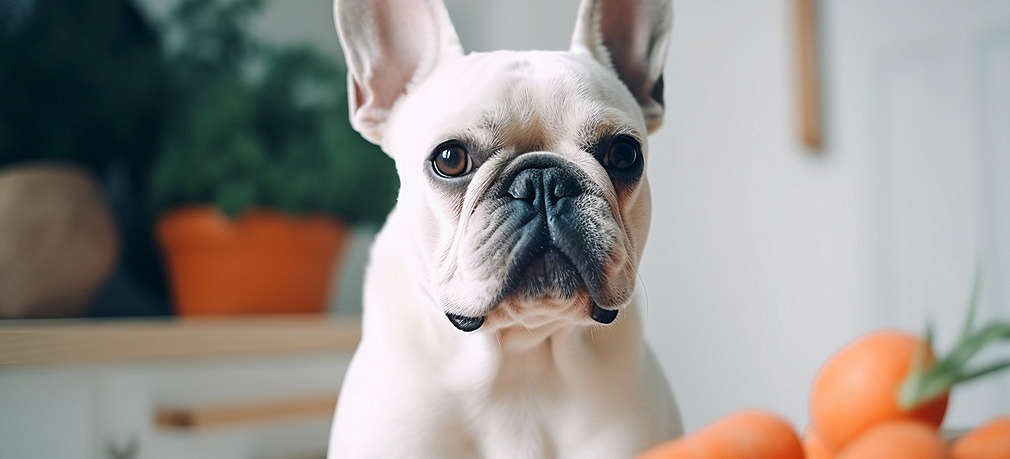 Ein Hund schaut über einen Küchentresen, auf dem Karotten zu sehen sind