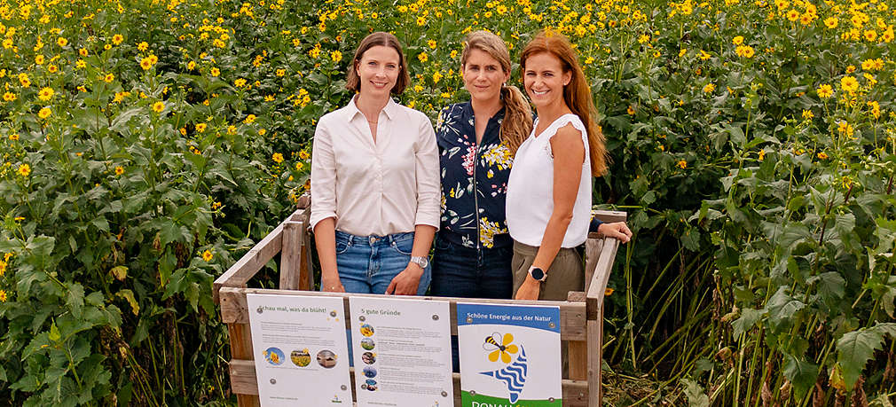 Moderatorin Janine Utsch mit Rabea von OutNature und Elisa von Kaufland vor einem Feld mit Silphie-Pflanzen