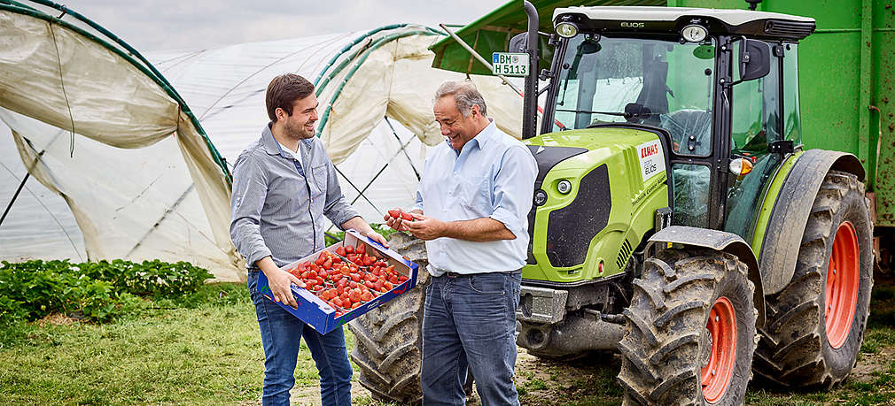 Erdbeerbauern mit Kiste Erdbeeren auf dem Feld, rechts daneben steht ein Traktor