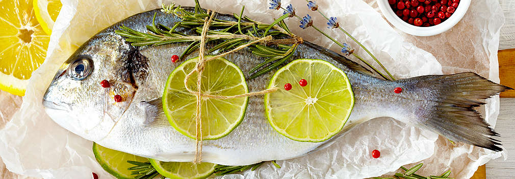 Eine ganze frische Dorade mit Limettenscheiben und frischen Gewürzen belegt auf weißem Backpapier.