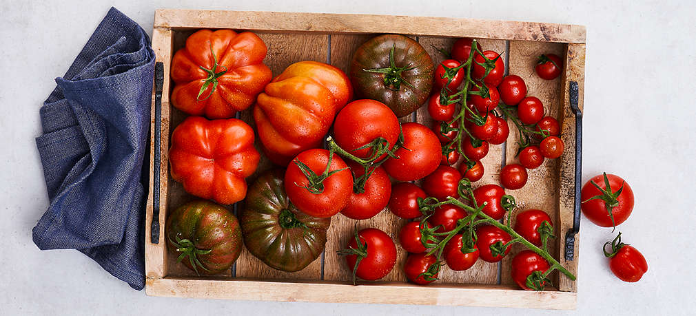 Tomaten in unterschiedlichen Größen und Sorten liegen in einem Servier-Tablett aus Holz