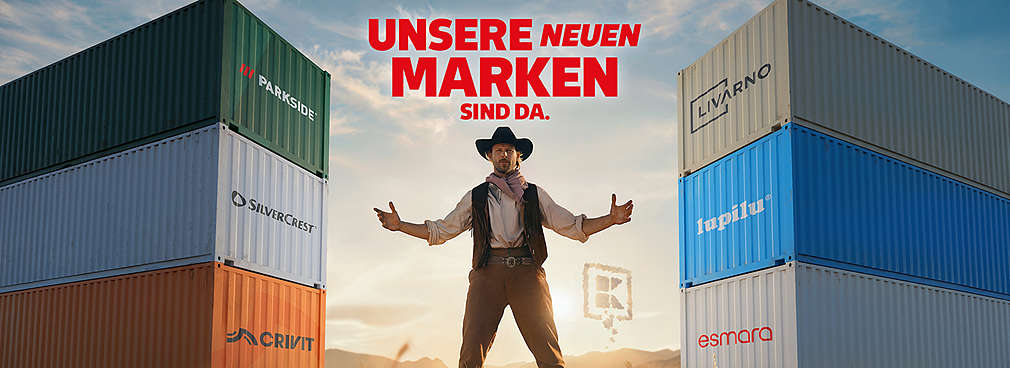 Mann vor Kontainer mit ausgestreckten Armen; Schriftzug: Unsere neuen Marken sind da.