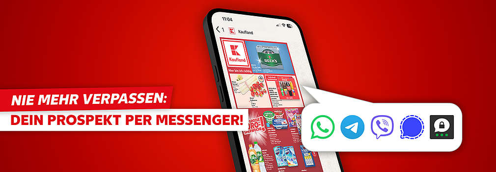 Kaufland Prospekt auf dem Smartphone; Logo: WhatsApp, Signal, Threema oder Viber, Telegram