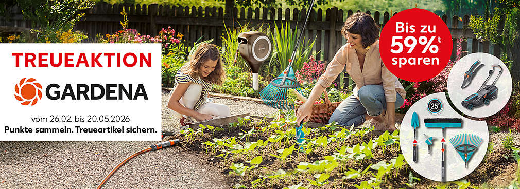 Treuekasten: Treueaktion GARDENA vom 26.02.2026 bis 20.05.2026, Punkte sammeln. Treueartikel sichern; Abbildung: verschiedene Artikel von GARDENA; eine Frau und ein Kind arbeiten im Garten an einem Beet; Störer: Bis zu 59%ᵗ sparen