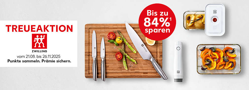 Treuekasten: Treueaktion ZWILLING vom 21.08.2025 bis 26.11.2025, Punkte sammeln. Prämie sichern; Abbildung: verschiedene Artikel von ZWILLING; Störer: Bis zu 84%¹ sparen; Im Vergleich zum UVP, bei Nutzung der Kaufland Card. Solange der Vorrat reicht.