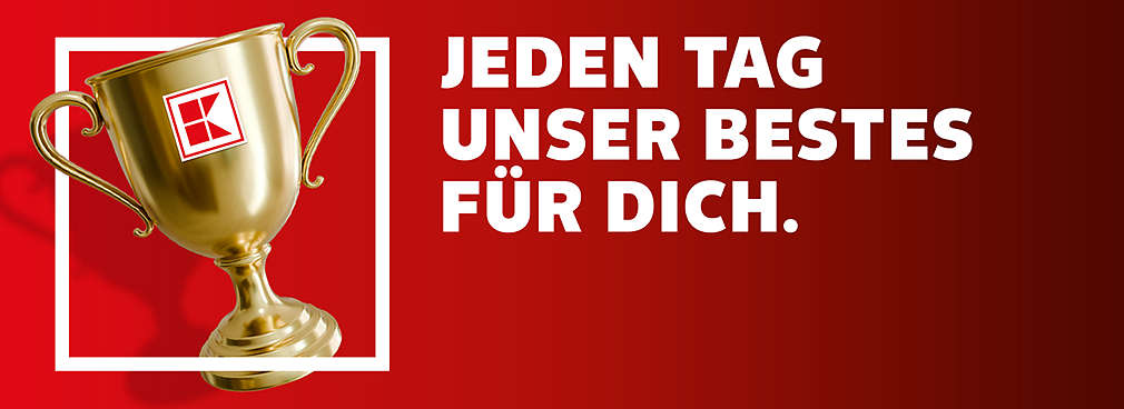 Schriftzug: Jeden Tag unser Bestes für dich; Abbildung: Pokal