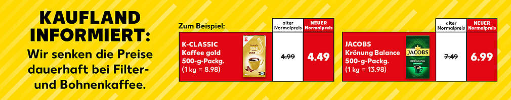Schriftzug: Kaufland informiert: Wir senken die Preise dauerhaft bei Filter- und Bohnenkaffee. Zum Beispiel: K-CLASSIC Kaffee gold 500-g-Packg., alter Normalpreis: 4.99 Euro; Neuer Normalpreis: 4.49 Euro (1kg = 8.98); JACOBS Krönung Balance 500-g-Packg.; alter Normalpreis: 7.49 Euro; Neuer Normalpreis: 6.99 Euro (1kg = 13.98)