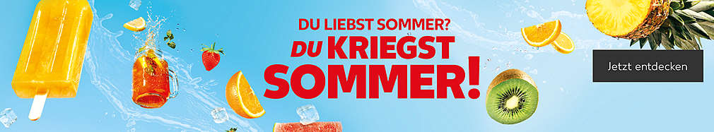Verschiedene Obststücke, Getränke und Eis fliegt durch die Luft; Schriftzug: Du liebst Sommer? Du kriegst Sommer!; Buttontext: Jetzt entdecken
