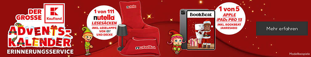 Schriftzug: Der große Adventskalender Erinnerungsservice; Störer: 1 von 111 NUTELLA Lesesäcken inkl. Leselampe von ISY und Decke; Störer: 1 von 5 APPLE iPads Pro 13, inkl. Bookbeat Jahresabo; Button: Mehr erfahren