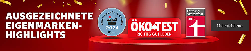 Schriftzug: Ausgezeichnete Eigenmarken-Highlights; Abbildung: Podest, goldenes Konfetti; Logo: Eigenmarken-Liebling; Logo: ÖKO-TEST; Logo: Stiftung-Warentest; Button: Mehr erfahren