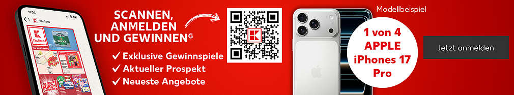 Schriftzug: Scannen, anmelden und gewinnen; Störer: Exklusive Gewinnspiele; Störer: Aktueller Prospekt; Störer: Neueste Angebote; Störer: 1 von 4 Apple iPhones 17 Pro; Button: Jetzt anmelden