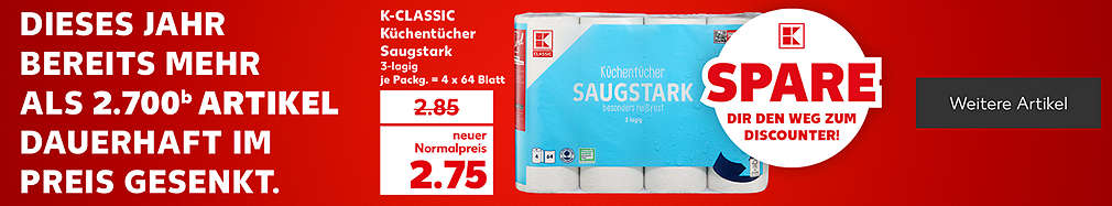 Schriftzug: Dieses Jahr bereits mehr als 2.700 Artikel dauerhaft im Preis gesenkt; Störer: Spare dir den Weg zum Discounter!