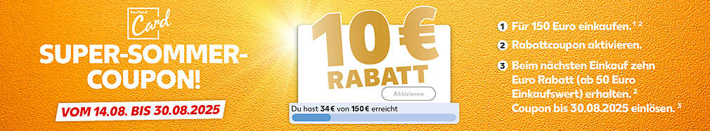 Schriftzug: Kaufland Card Super-Sommer-Coupon! Vom 14.08. bis 30.08.2025; 1. Für 150 Euro einkaufen.¹ ² 2. Rabattcoupon aktivieren. 3. Beim nächsten Einkauf 10 Euro Rabatt ab 50 Euro Einkaufswert.²  Bis 30.08.2025 einlösen.³