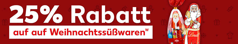 Schriftzug: 25% Rabatt auf Weihnachtssüßwaren; Bild: Lindt Weihnachtsmann-Präsentbeutel
