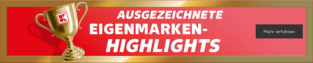 Schriftzug: Ausgezeichnete Eigenmarken-Highlights; Abbildung: Pokal; Button: Mehr erfahren