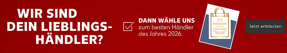 Schriftzug: Wir sind dein Lieblingshändler?; Störer: Dann wähle uns zum besten Händler des Jahres 2026.; Störer: Bester Händler des Jahres Deutschland 2026-2027; Button: Jetzt entdecken