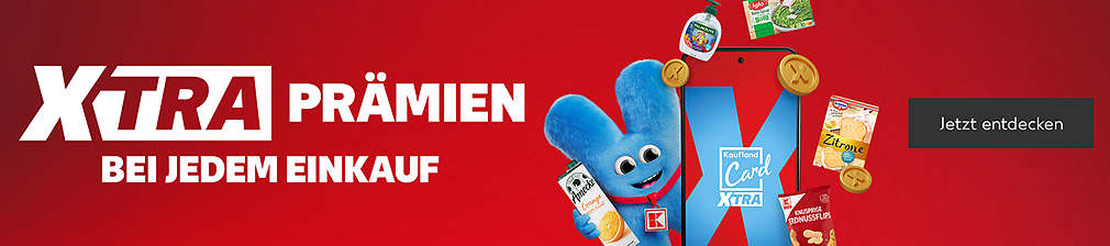 XTRA Prämien bei jedem Einkauf; Maskottchen mit Smartphone und beispielhaften XTRA Prämien; Logo: Kaufland Card XTRA; Button: Jetzt entdecken