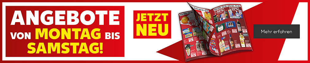 Schriftzug: Angebote von Montag bis Samstag!; Jetzt neu; Abbildung: Prospekt; Button: Mehr erfahren