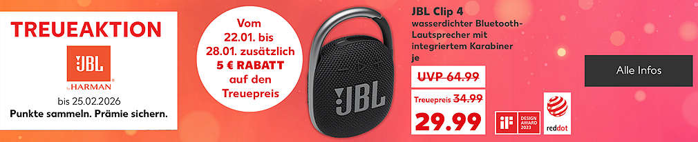 Schriftzug: Treueaktion; Logo: JBL by Harman; Störer: bis 25.02.2026 Punkte sammeln. Prämie sichern.; Störer: Vom 22.01. bis 28.01. zusätzlich 5 € Rabatt auf den Treuepreis; JBL Clip 4, wasserdichter Bluetooth-Lautsprecher mit integriertem Karabiner, je für 29.99 Euro anstatt Treuepreis 34.99; Logo: If Design Award 2023; Logo: Reddot; Button: Alle Infos