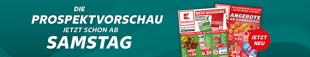 Schriftzug: Die Prospektvorschau jetzt schon ab Samstag; Störer: Jetzt neu; Abbildung: Zwei Prospekte hintereinander