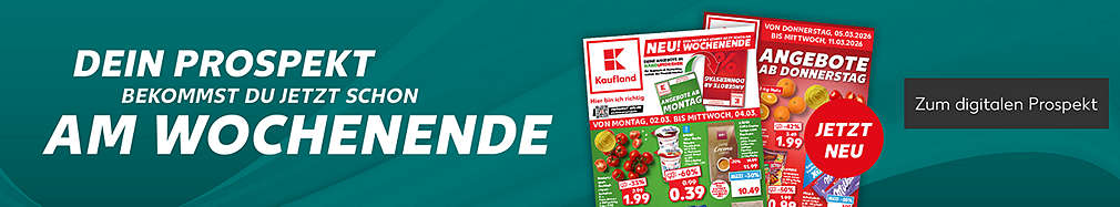 Schriftzug: Dein Prospekt bekommst du jetzt schon am Wochenende; Störer: Jetzt neu; Button: Zum digitalen Prospekt; Abbildung: Zwei Prospekte hintereinander