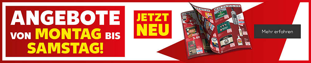 Schriftzug: Angebote von Montag bis Samstag!; Jetzt neu; Abbildung: Prospekt; Button: Mehr erfahren