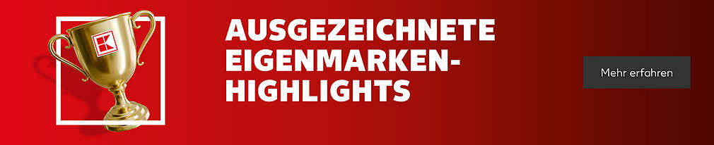 Schriftzug: Ausgezeichnete Eigenmarken-Highlights; Abbildung: Pokal; Button: Mehr erfahren