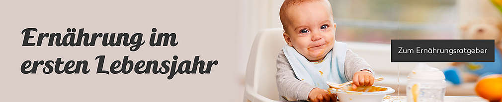 Baby isst Brei; Schriftzug „Ernährung im ersten Lebensjahr"