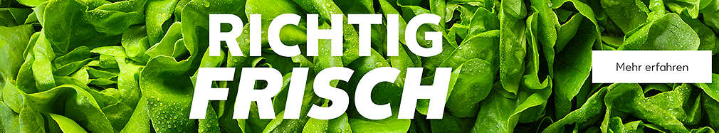 Schriftzug: Richtig frisch.; Abbildung: Salat; Button-Text: Mehr erfahren