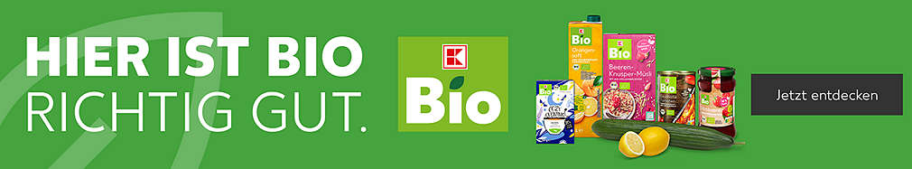 Schriftzug: Hier ist Bio richtig gut; Logo: K-BIO; verschiedene Produktabbildungen; Button Text: Jetzt entdecken