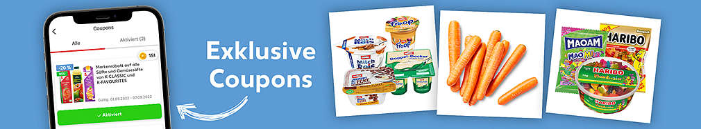 Schriftzug: Exlusive Coupons; Abbildung: Kaufland-App mit Coupons