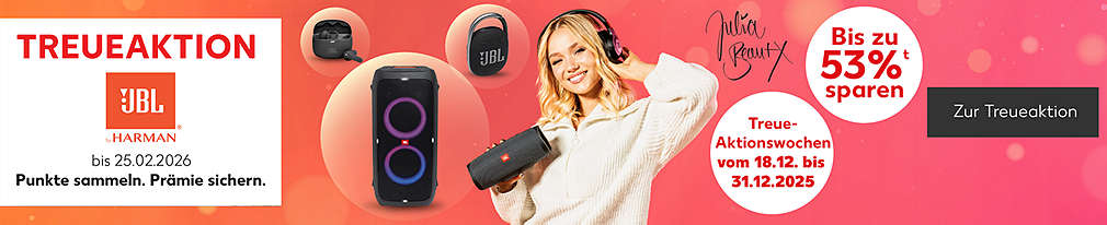 Schriftzug: Treueaktion JBL vom 27.11.2025 bis 25.02.2026 Punkte sammeln. Prämie sichern.; Abbildung: Julia Beautx; Störer: Bis zu 53%ᵗ sparen; Störer: Treueaktionswochen vom 18.12. bis 31.12.2025; Button: Zur Treueaktion
