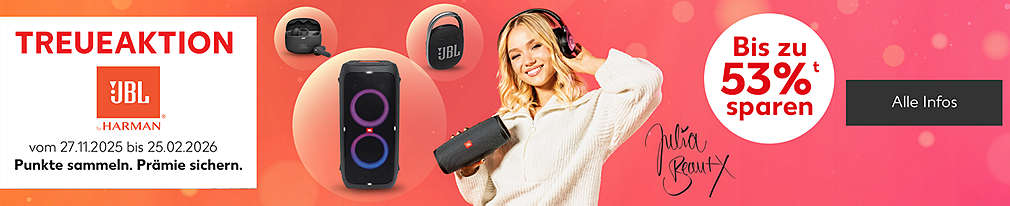 Schriftzug: Treueaktion JBL vom 27.11.2025 bis 25.02.2026 Punkte sammeln. Prämie sichern.; Abbildung: Julia Beautx; Störer: Bis zu 53%ᵗ sparen; Button: Alle Infos; ᵗ Im Vergleich zum UVP. Solange der Vorrat reicht.