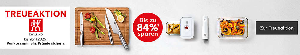 Schriftzug: Treueaktion Zwilling; bis 26.11.2025; Punkte sammeln, Prämien sichern.; Buttontext: Bis zu 84 %¹ sparen