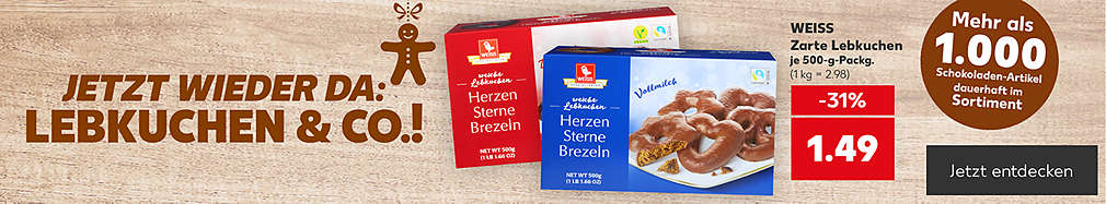 Produktabbildung: WEISS Zarte Lebkuchen, je 500-g-Packg., -31%, 1.49 Euro (1 kg = 2.98); Schriftzug: Jetzt wieder da: Lebkuchen & Co.!; Icon: Lebkuchenmann