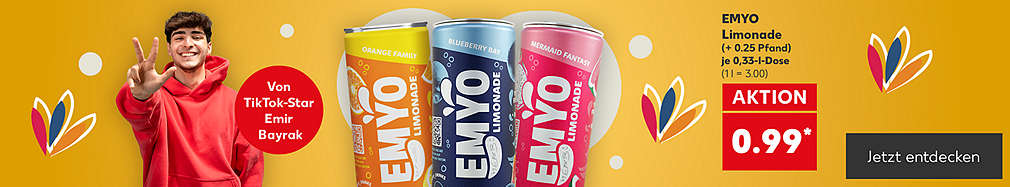 Produktabbildung: EMYO Limonade, je 0,33-l-Dose, Aktion, 0.99* Euro (+ 0.25 Pfand) (1 l = 3.00); Personenabbildung: TikTok-Star Emir Bayrak; Störer: Von TikTok-Star Emir Bayrak