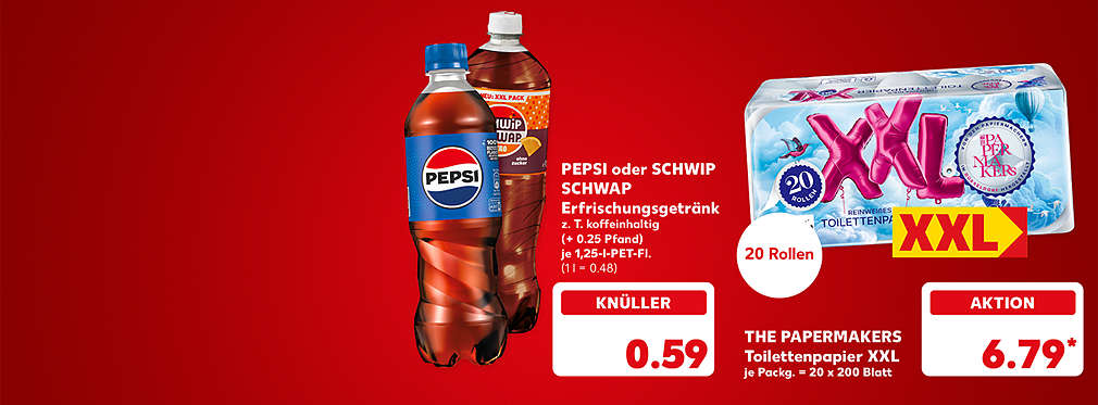 Pepsi oder Schwip Schwap Erfrischungsgetränk, verschiedene Sorten, zum Teil koffeinhaltig (+ 0.25 Pfand), je 1,25-Liter-PET-Flasche für 0.69 Euro (1 Liter = 0.56); The Papermakers Toilettenpapier XXL, je Packung = 20 x 200 Blatt für 6.79 Euro*; Störer: 20 Rollen; Störer: XXL