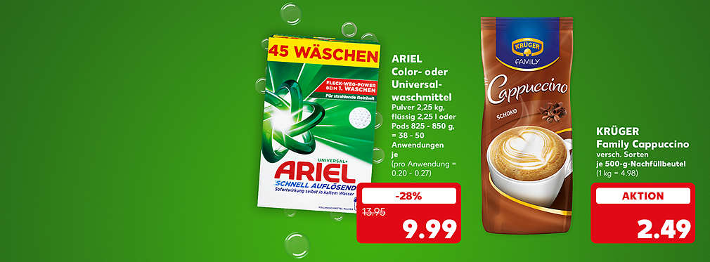 Danone Activia, versch. Sorten, 3,5 % Fett im Milchanteil, je 4 x 115-g-Becher für 1.49 Euro (1 kg = 3.24); Krüger Family Cappuccino, versch. Sorten, je 500-g-Nachfüllbeutel für 2.49 Euro (1 kg = 4.98)