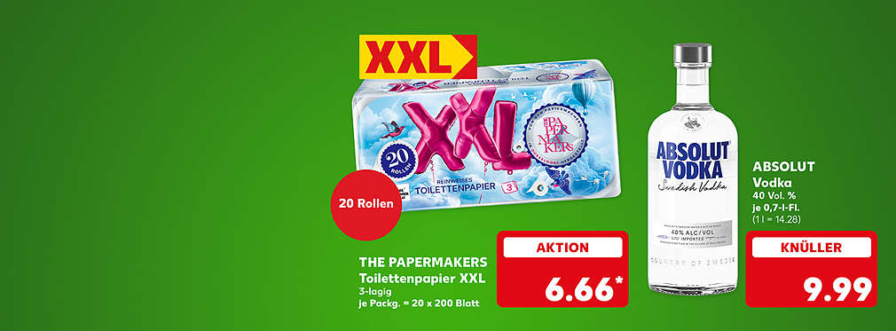 The Papermakers Toilettenpapier XXL, 3-lagig, je Packung = 20 x 200 Blatt für 6.66 Euro*; Logo: XXL; Absolut Vodka, 40 Vol. %, je 0,7-l-Flasche für 9.99 Euro (1 l = 14.28)