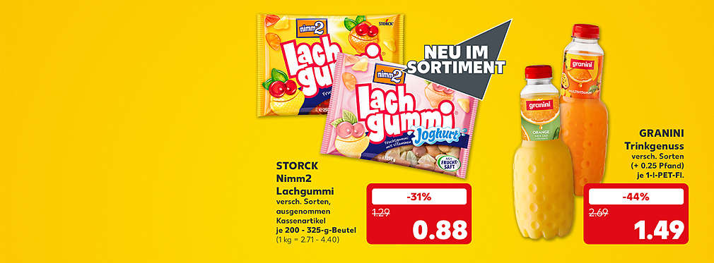 Storck Nimm2 Lachgummi, versch. Sorten, ausgenommen Kassenartikel, je 200 - 325-g-Beutel für 0.88 Euro (1 kg = 2.71 - 4.40), Störer: Neu im Sortiment; Granini Trinkgenuss, versch. Sorten, (+ 0.25 Pfand), je 1-l-Pet-Flasche für 1.49 Euro